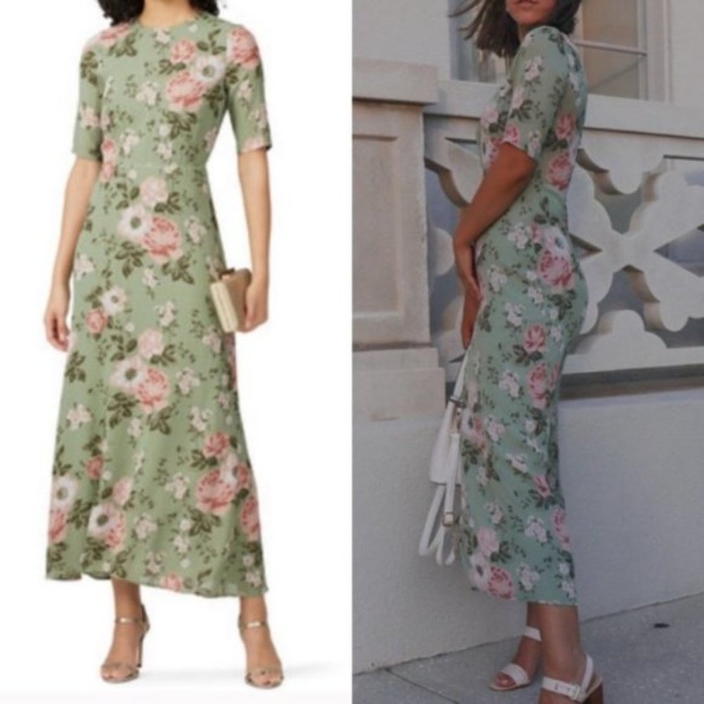 Reformation Mint Green Floral Midi Dress with Pink Roses